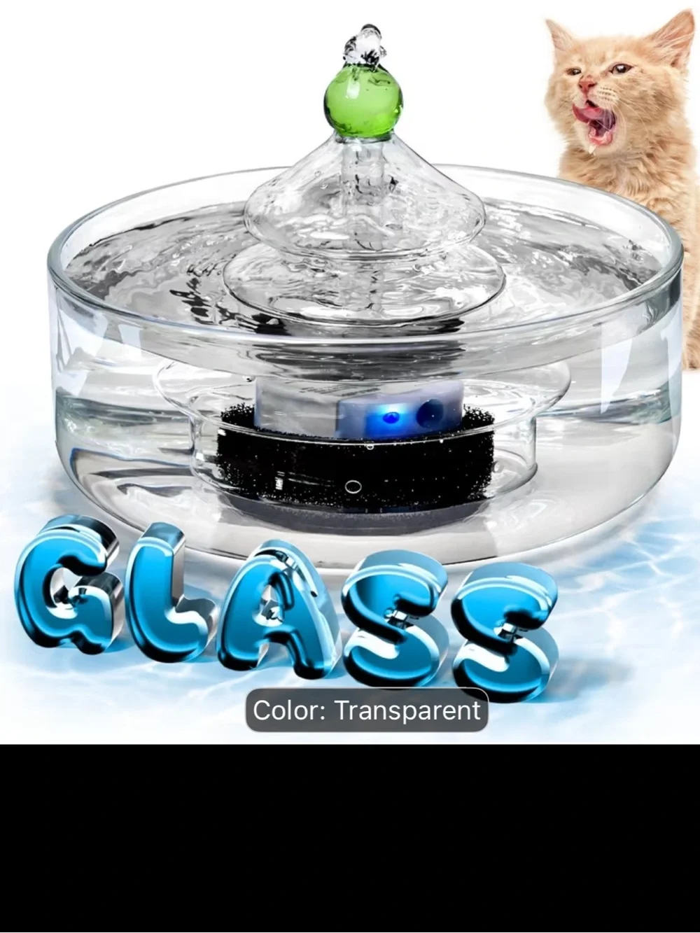All Glass Pet Water Fountain - Clear Glass w/ Green Accent - NWT
